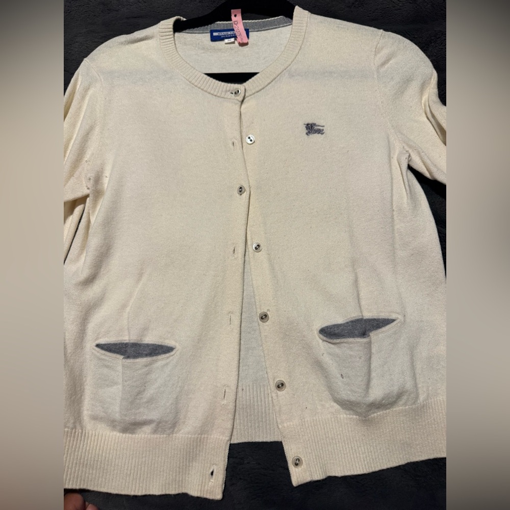 Burberry Cream Cardigan with Gray Pocket Trim and Logo